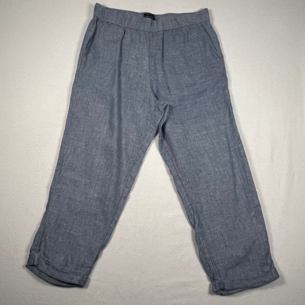 Rachel Roy Linen Pants Size LG Blue Cropped Elastic Waist Pull on Pant Pockets